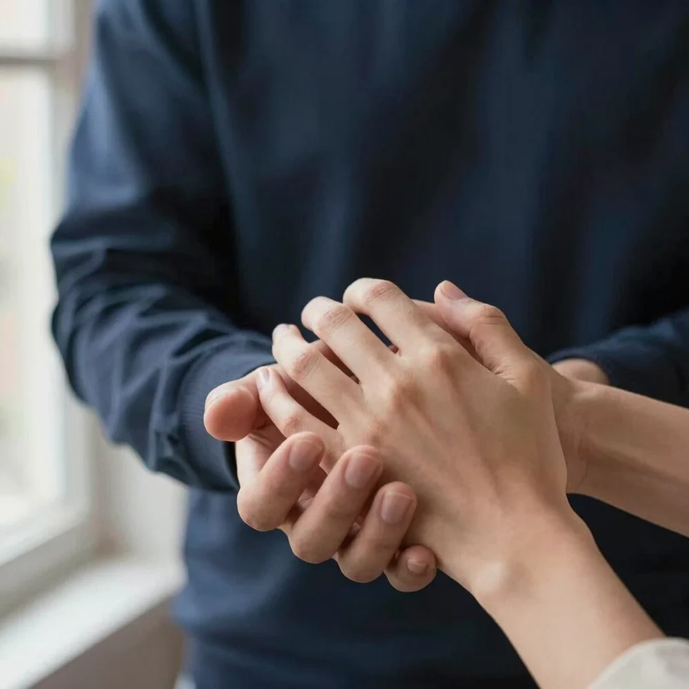 Dos personas se toman de las manos en señal de consuelo y acompañamiento